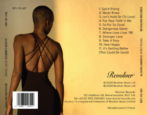 Alison Limerick photographed from behind in a strappy dress for the Spirit Rising album back cover