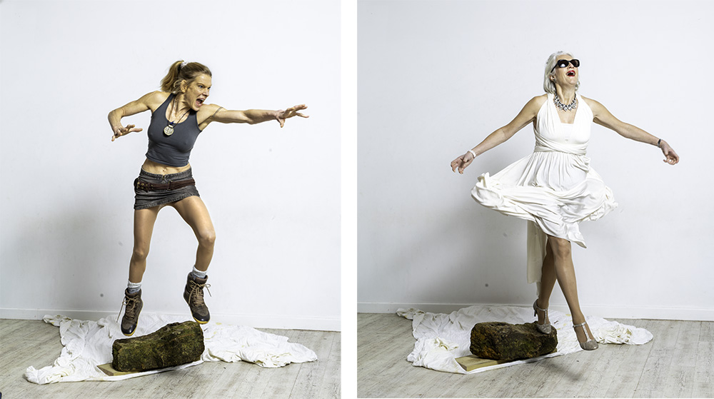 Charlie and Louise in the studio jumping off a rock.